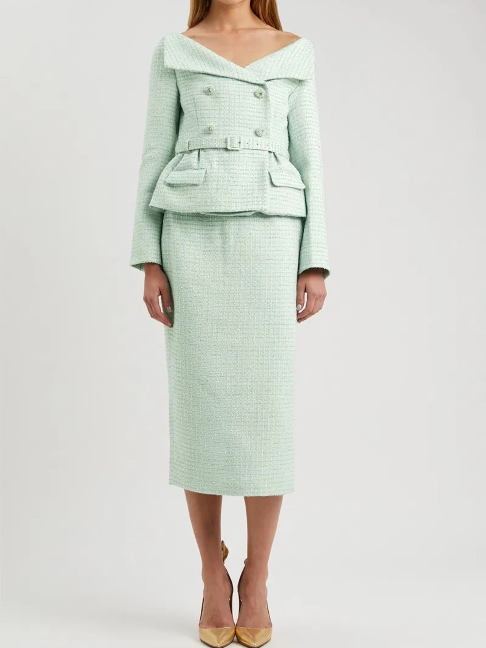 Self-Portrait Mint Green Bouclé Tweed Tailored Wide Neck Belted Midi Dress US 4